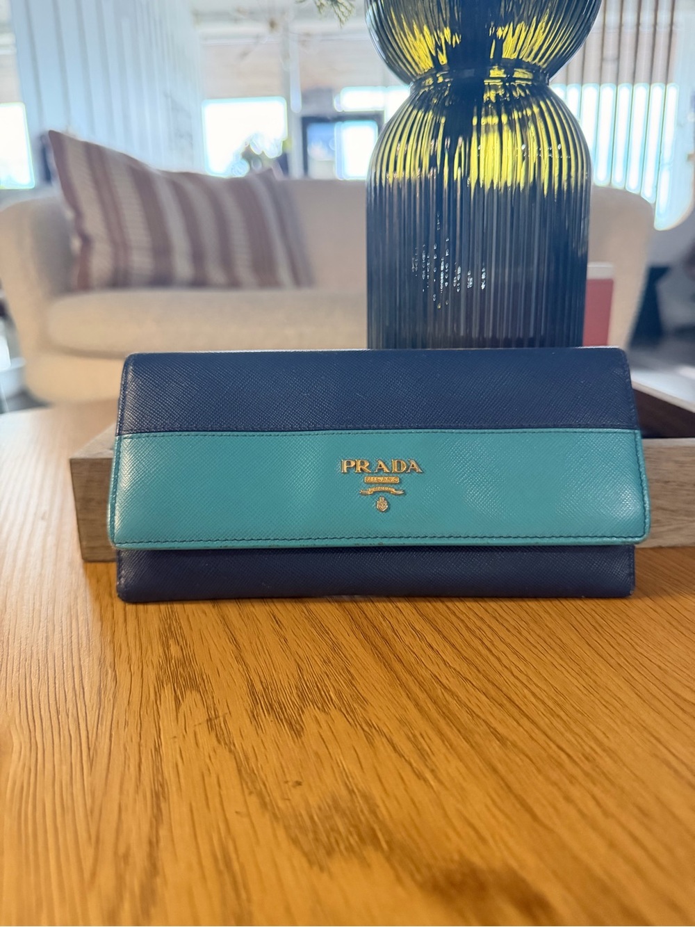 Prada Two-Tone Saffiano Leather Wallet in Navy & Turquoise